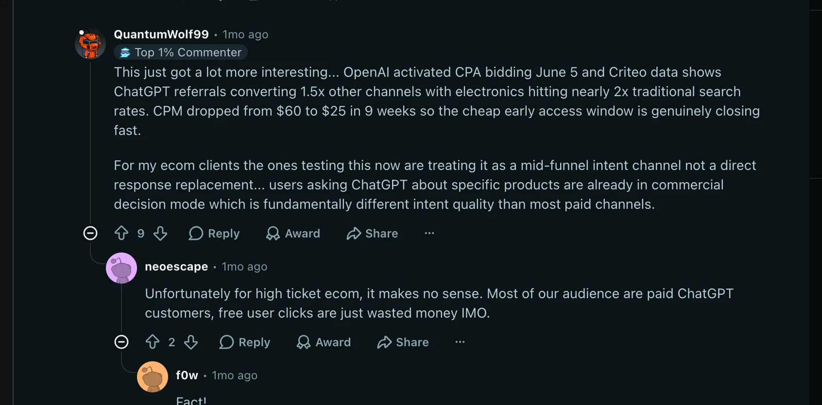 Redditのr/PPCに立てられた「ChatGPT広告で実際に意味のある成果が出ている人はいるか」というスレッドのスクリーンショット