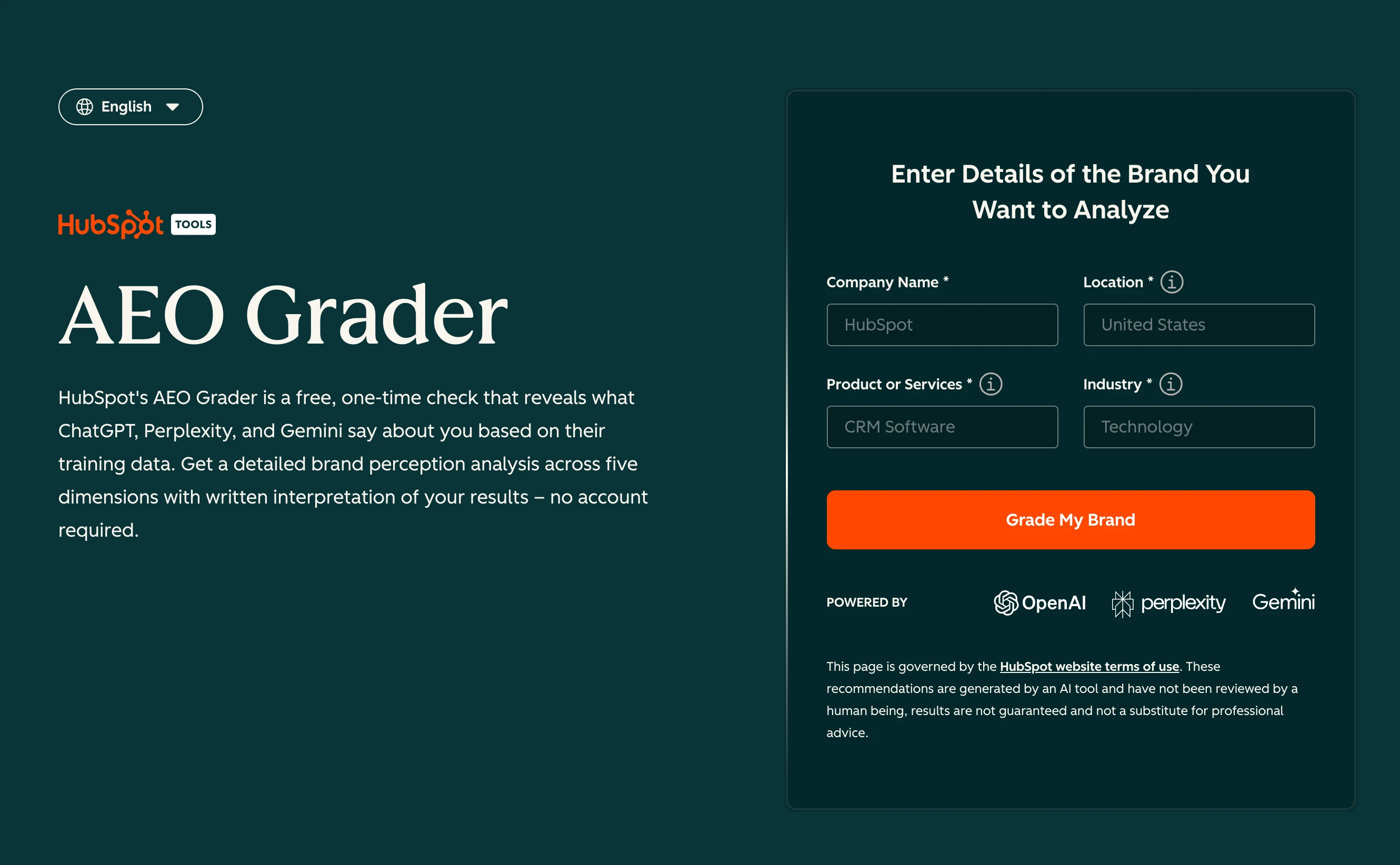 Hubspot AEO Grader Landing Page
