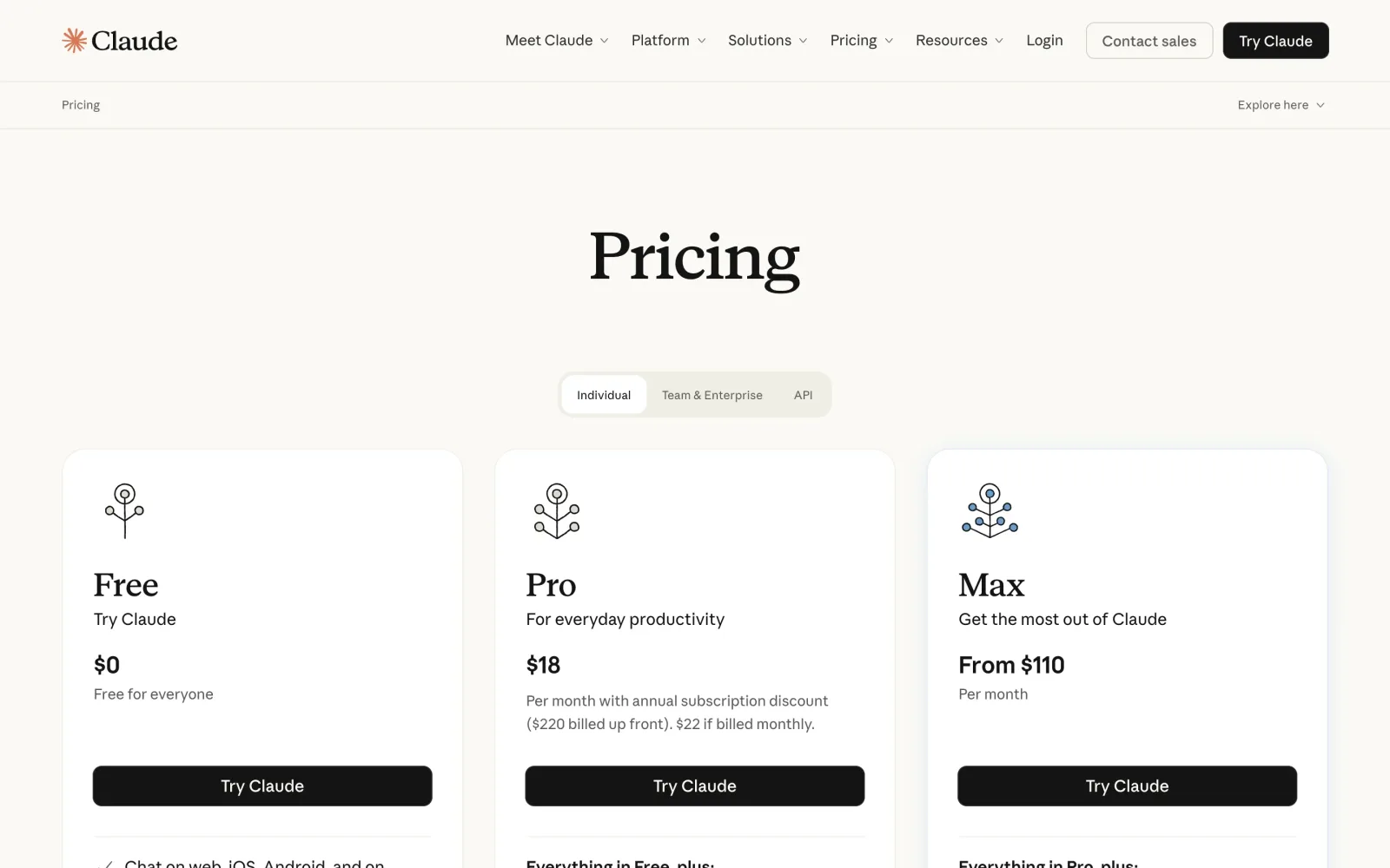 Claude の料金ページ。個人向けとして Free $0、Pro $18(年払い時。月払いは$22)、Max $110からの3プランが並ぶ