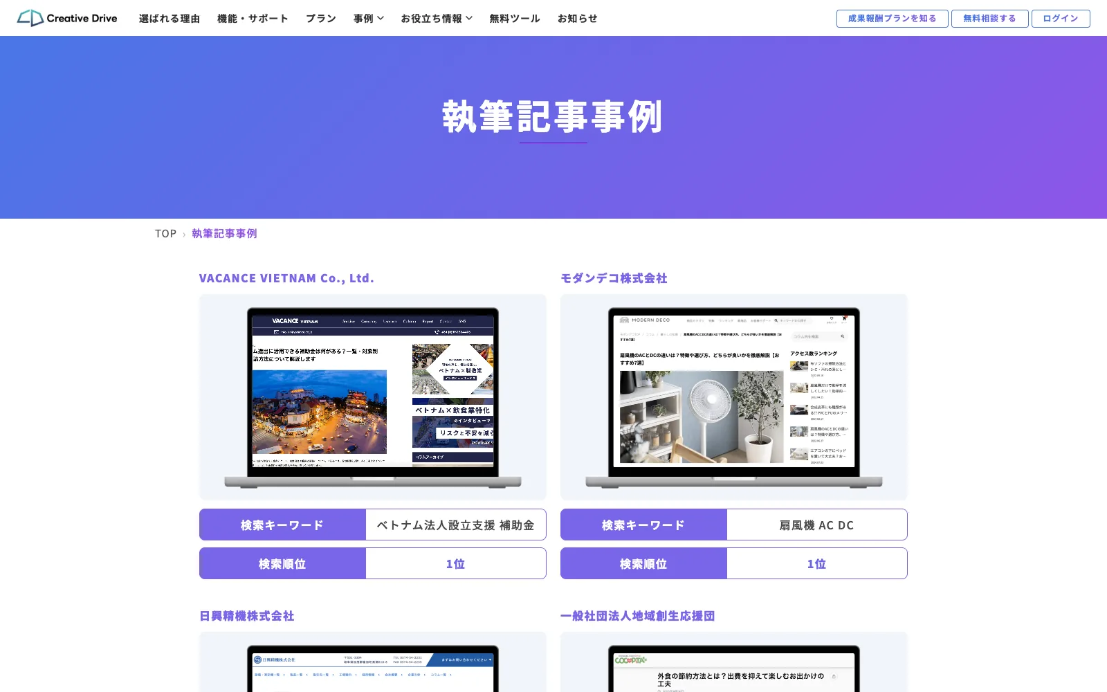 Creative Drive の執筆記事事例ページ。VACANCE VIETNAM「ベトナム法人設立支援 補助金」1位、モダンデコ「扇風機 AC DC」1位など、企業名・記事のスクリーンショット・検索キーワード・検索順位が並ぶ