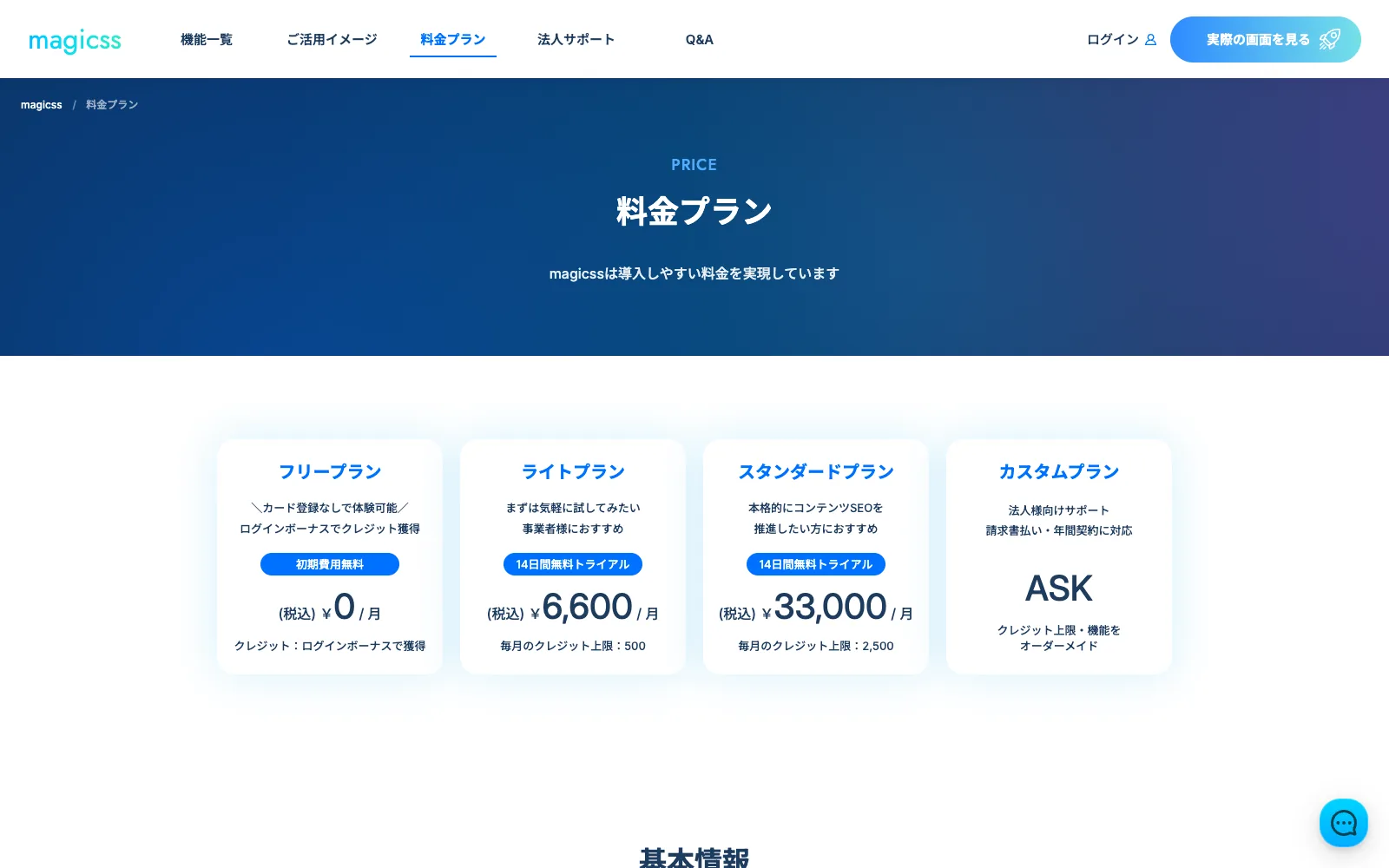 magicss の料金プランページ。フリープラン (税込)¥0、ライトプラン (税込)¥6,600、スタンダードプラン (税込)¥33,000、カスタムプラン ASK の4プランが並び、それぞれにクレジット上限が併記されている