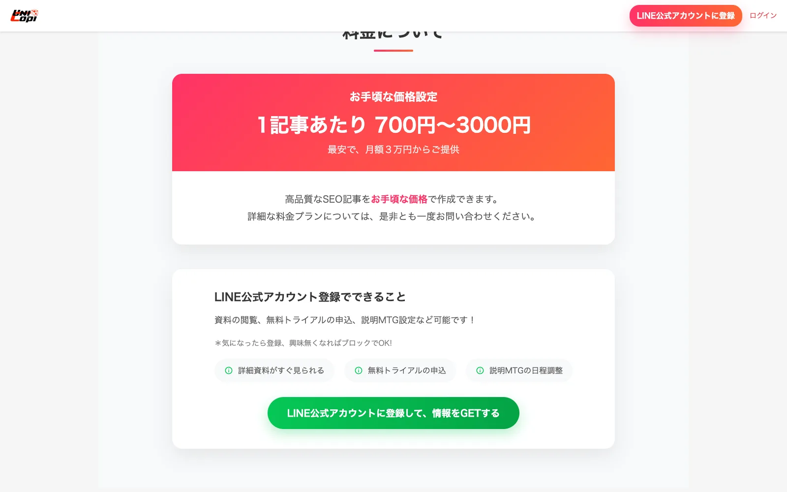 UniCopi の料金セクション。「お手頃な価格設定 1記事あたり 700円〜3000円 最安で、月額3万円からご提供」と表示され、その下に「詳細な料金プランについては、是非とも一度お問い合わせください。」とだけ書かれている