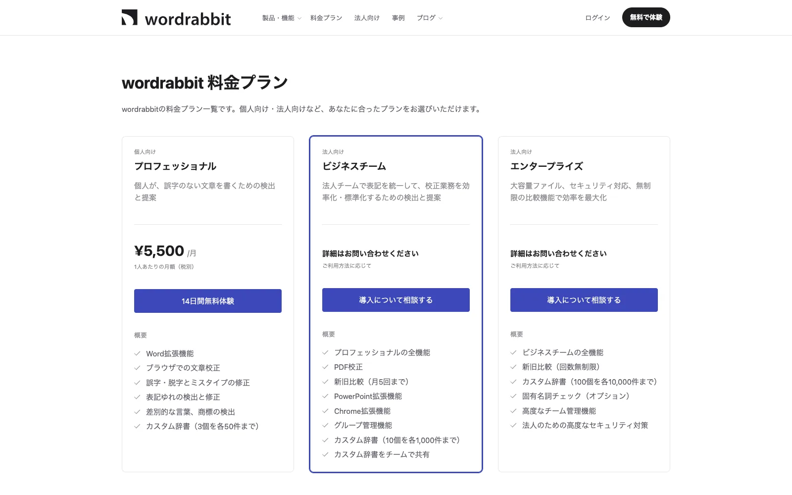 wordrabbit の料金プランページ。個人向けプロフェッショナルが「¥5,500 /月 1人あたりの月額(税別)」、法人向けのビジネスチームとエンタープライズは「詳細はお問い合わせください」と表示されている