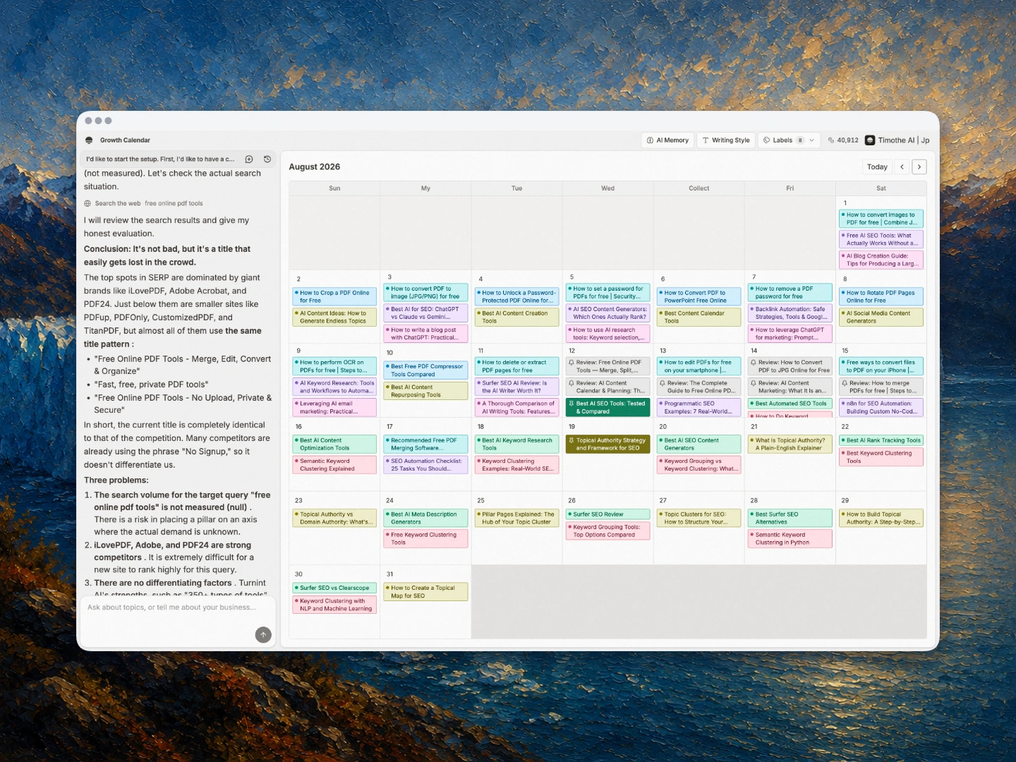Monthly content calendar filled with multiple topic clusters that Timothe team operate